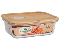 Recipiente hermético rectangular fabricado en vidrio con tapa de bambú y válvula de vapor, 0,6 litros, Bio QUTTIN.