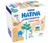 Leche (3) de crecimiento con galleta María de 12 a 36 meses NATIVA de Nestlé 1+ 6 x 1 l.