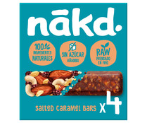 Barritas de fruta y frutos secos con caramelo salado, ingredientes 100 % naturales y sin azúcares añadidos NÁKD 4 uds. 140 g.