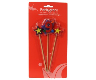 Pack de tres velas de cumpleaños, 2 estrellas y número 9 PARTYGRAM. Pack de tres velas de cumpleaños, 2 estrellas y número 9 PARTYGRAM.
