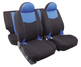 Juego de fundas para asientos de automóvil de talla única y fabricadas en poliester de color negro y azul ROLMOVIL Top. Juego de fundas para asientos de automóvil de talla única y fabricadas en poliester de color negro y azul ROLMOVIL Top.