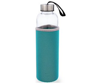 Botella de vidrio con funda de tela azul, 0,6 litros, Quidate QUID. Botella de vidrio con funda de tela azul, 0,6 litros, Quidate QUID.
