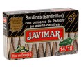 Sardinillas con pimiento de Padrón en aceite de oliva JAVIMAR lata de 88 g.