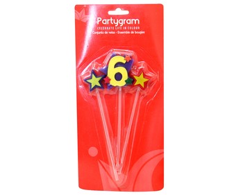 Pack de tres velas (2 estrellas y número 6) PARTYGRAM. Pack de tres velas (2 estrellas y número 6) PARTYGRAM.