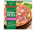 Pizza 4 estaciones (queso, salami, champiñones y jamón cocido), de masa fina y crujiente BUITONI Forno di pietra 355 g.