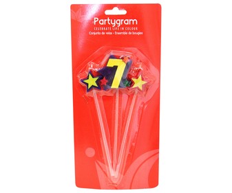 Pack de tres velas (2 estrellas y número 7) PARTYGRAM. Pack de tres velas (2 estrellas y número 7) PARTYGRAM.