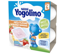 Postre lácteo de fresa y plátano, adaptado para bebés a paritr de 6 meses YOGOLINO de Nestlé 4 x 100 g.