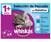 Comida  para gatos adultos húmeda a base de pescado en gelatina WHISKAS bolsa 4 uds.100 g.