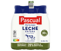 Leche de vaca entera, de bienestar animal garantizado PASCUAL 6 x 1.5 l.