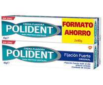 Crema fijadora para dentaduras postizas, con efecto sellado y sabor a menta POLIDENT 2 x 40 g.