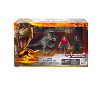 Pack de persecución Owen & Velociraptor Blue con 3 figuras, Daño Extremo JURASSIC WORLD.