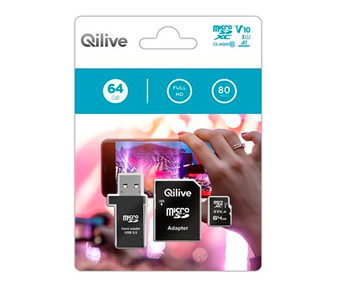 Tarjeta de memoria QILIVE 64GB MicroSDHC UHS-U1 V10, 80Mb/s, Clase 10 + Lector de tarjetas. Tarjeta de memoria QILIVE 64GB MicroSDHC UHS-U1 V10, 80Mb/s, Clase 10 + Lector de tarjetas.