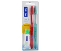 Cepillo de dientes con cabezal normal y dureza media VITIS 2 uds + obsequio dentífrico
