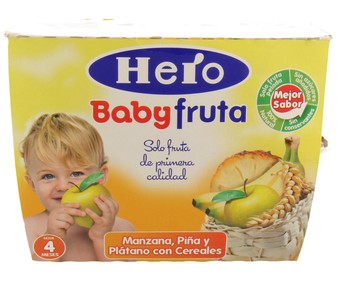 Tarrito de fruta con cereales, a partir de 4 meses HERO BABY 4 uds de 100 gr. Tarrito de fruta con cereales, a partir de 4 meses HERO BABY 4 uds de 100 gr.