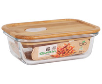 Recipiente hermético rectangular fabricado en vidrio con tapa de bambú y válvula de vapor, 0,37 litros, Bio QUTTIN.