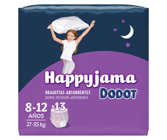 Pañales de noche talla 8 (braguitas absorventes), para niñas de 27 a 55 kilogramos y de 8 a 12 años DODOT Happyjama 13 uds. Pañales de noche talla 8 (braguitas absorventes), para niñas de 27 a 55 kilogramos y de 8 a 12 años DODOT Happyjama 13 uds.