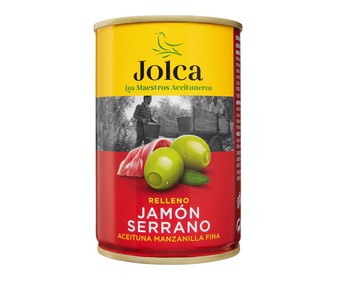 Aceitunas verdes manzanilla rellenas de jamón serrano JOLCA lata de 130 g. Aceitunas verdes manzanilla rellenas de jamón serrano JOLCA lata de 130 g.