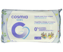 Toallitas húmedas con aceite de almendras para la limpieza de manos y cara COSMIA BABY 40 uds.