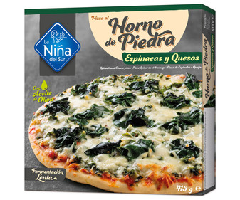 Pizza de espinacas con un toque de ajo y queso hecha al horno de piedra LA NIÑA DEL SUR 415 g.