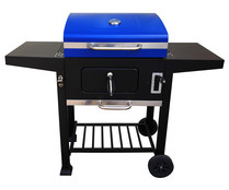 Barbacoa de carbón con ruedas, bandejas y termómetro de color azul, IKUNIK. Barbacoa de carbón con ruedas, bandejas y termómetro de color azul, IKUNIK.