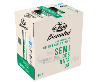 Leche de vaca semidesnatada de origen 100% gallega de bienestar animal CLESA Bienatur 6 x 1 l. Leche de vaca semidesnatada de origen 100% gallega de bienestar animal CLESA Bienatur 6 x 1 l.