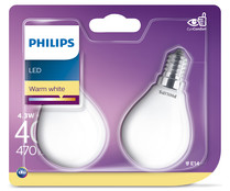 Pack de 2 bombillas LED esféricas, casquillo fino E14, 40W, 2700K, PHILIPS. Pack de 2 bombillas LED esféricas, casquillo fino E14, 40W, 2700K, PHILIPS.