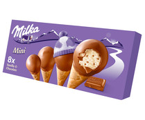Mini conos de vainilla con trocitos de chocolate con leche y recubiertos de chocolate MILKA 8 x 25 ml.