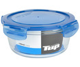 Recipiente redondo lunchbox de vidrio con tapa hermética de plástico color azul, 0,8l. IDEALCASA.