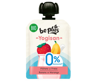 Bolsita de fruta ecológica (plátano y fresa) con yogur y sin azúcares añadidos BEPLUS Bio yogisan 90 g. Bolsita de fruta ecológica (plátano y fresa) con yogur y sin azúcares añadidos BEPLUS Bio yogisan 90 g.