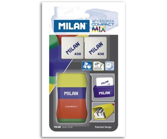 Sacapuntas con borrador tacto goma + 2 recambios de borrador 1 UNIDAD, MILAN. Sacapuntas con borrador tacto goma + 2 recambios de borrador 1 UNIDAD, MILAN.