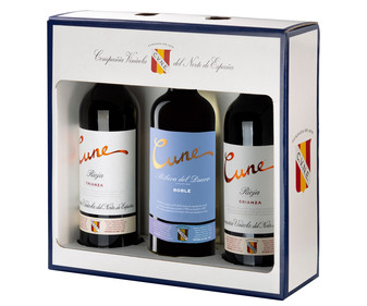 Estuche con 2 botellas de vino tinto crianza D.O.C Rioja y botella de vino tinto Roble D.O. Ribera del Duero CUNE. Estuche con 2 botellas de vino tinto crianza D.O.C Rioja y botella de vino tinto Roble D.O. Ribera del Duero CUNE.