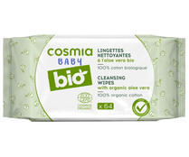 Toallitas húmedas para bebé (100% algodón organico), con aloe vera bio COSMIA BABY ECOLÓGICO 64 uds.