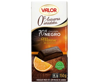 Chocolate negro 70% relleno naranja, sin azúcares añadidos VALOR tableta de 150 g. Chocolate negro 70% relleno naranja, sin azúcares añadidos VALOR tableta de 150 g.