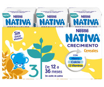 Leche (3) de crecimiento con cereales, de 12 a 36 meses NATIVA de Nestlé 3 x 180 ml.