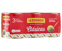 Aceitunas verdes rellenas de anchoa LA ESPAÑOLA Clásicas pack de 3 latas de 50 g.