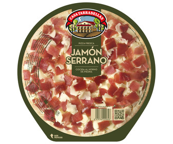 Pizza fresca de jamón serrano cocida al horno de piedra CASA TARRADELLAS 390 g. Pizza fresca de jamón serrano cocida al horno de piedra CASA TARRADELLAS 390 g.