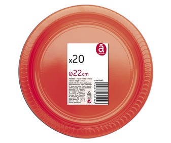 Platos llanos desechables color rojo, 22 centímetros de diámetro ACTUEL 20 unidades. Platos llanos desechables color rojo, 22 centímetros de diámetro ACTUEL 20 unidades.