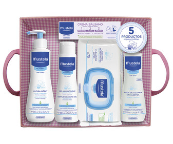Canastilla rosa con productos para la higiene y el cuidado de nuestro bebé MUSTELA.Canastilla azul MUSTELA. Canastilla rosa con productos para la higiene y el cuidado de nuestro bebé MUSTELA.Canastilla azul MUSTELA.