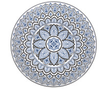 Plato llano redondo de porcelana con diseño Mandalas en tonos azules, 27cm., SANTA CLARA.