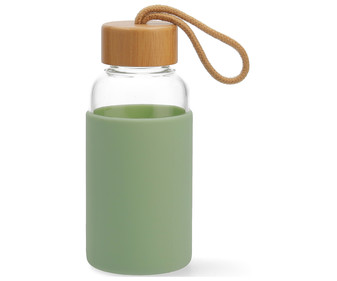 Botella de vidrio 0,3 litros con funda de silicona color verde y tapa de bambú QUID. Botella de vidrio 0,3 litros con funda de silicona color verde y tapa de bambú QUID.