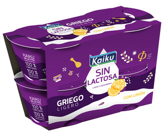 Yogur griego ligero, con limón y sin lactosa KAIKU Sin lactosa 4 x 90 g. Yogur griego ligero, con limón y sin lactosa KAIKU Sin lactosa 4 x 90 g.