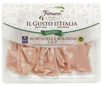 Mortadela italiana con IGP Morteadella de Bologna, cortada en finas lonchas FIORUCCI 100 g.