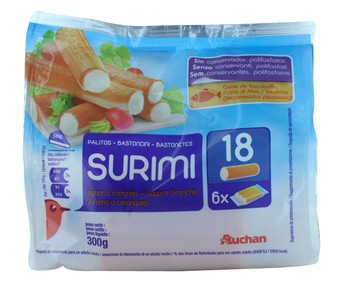 Palitos surimi PRODUCTO ALCAMPO 18 unidades 300 g. Palitos surimi PRODUCTO ALCAMPO 18 unidades 300 g.
