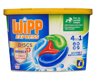 Detergente en cápsulas para lavadora antiolores 4 en 1 WIPP EXPRESS 18 uds. Detergente en cápsulas para lavadora antiolores 4 en 1 WIPP EXPRESS 18 uds.