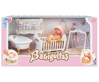 Conjunto de juego con bañera, cuna, accesorios y muñeco recién nacido BERRIGUITAS.