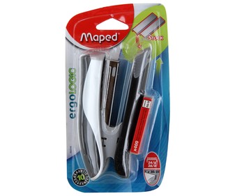 Grapadora con estructura metálica + 400 grapas rectangulares nº 26/6 MAPED Ergologic half strip. Grapadora con estructura metálica + 400 grapas rectangulares nº 26/6 MAPED Ergologic half strip.