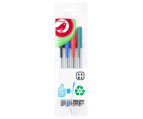 Pack 4 bolígrafos reciclables, verde, azul, negro y rojo, PRODUCTO ALCAMPO.