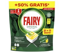 Detergente en cápsulas para lavavajillas a máquina con olor a limón FAIRY 21+11 lavados 517 g.