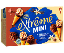 Mini conos de helado de vainilla (4) y chocolate (4) con sirope y trocitos de almendras EXTRÉME de Nestlé 8 x 60 ml.