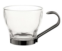 3 tazas de café de vidrio con asa de acero inox., 10,8cl. LUMINARC.